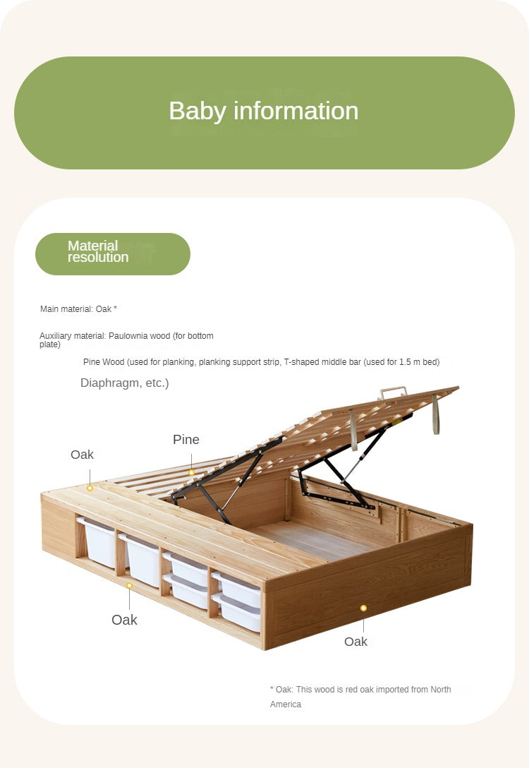 Rubberwood, Oak Solid Wood Children's Box Platform Bed, Headboard-Free Bed