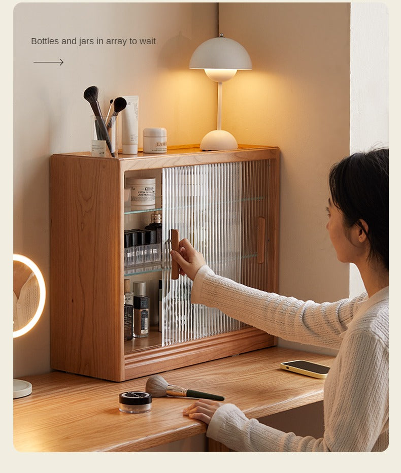 Cherry Solid Wood Glass Sliding Door Storage Cabinet.