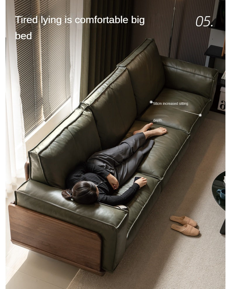 Black Walnut Solid Wood Leather Sofa.