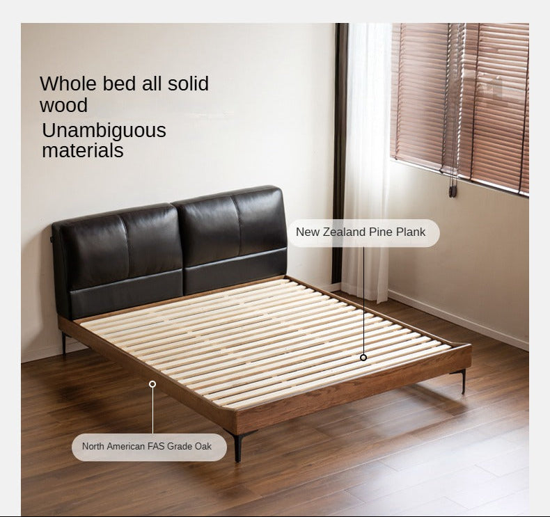 Oak,Black Walnut Solid Wood Soft Genuine Leather Bed Light Luxury