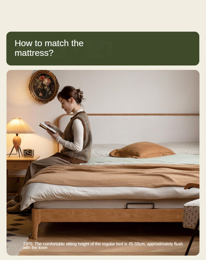 Cherry Solid Wood Technology Fabric Soft Modern Bed