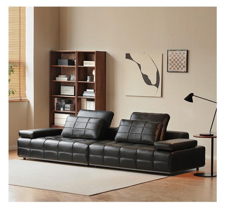 Leather Sofa Italian Black Straight Head Layer Yellow Cowhide.