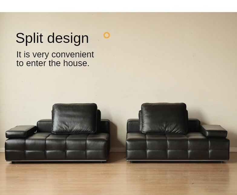 Leather Sofa Italian Black Straight Head Layer Yellow Cowhide.