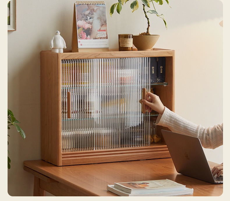 Cherry Solid Wood Glass Sliding Door Storage Cabinet.