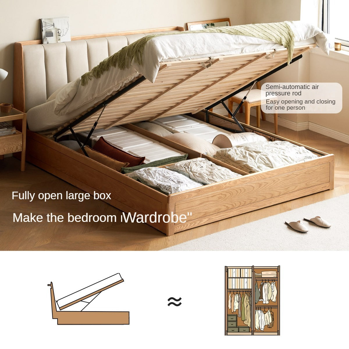 Ash Solid Wood Genuine Leather, Technical Cloth Box Storage Bed