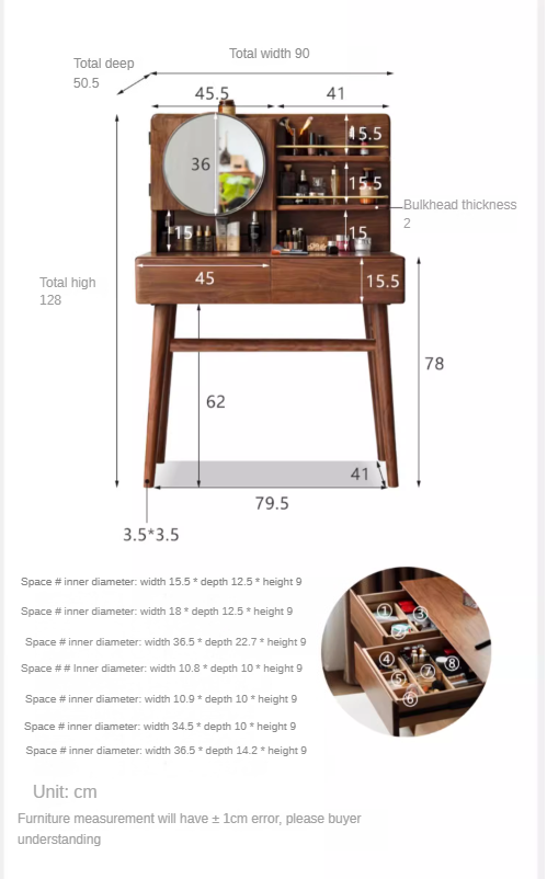 Black Walnut, Sandalwood Solid Wood Moon Makeup Mirror Dressing Table.