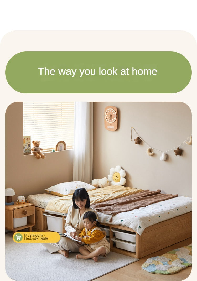 Rubberwood, Oak Solid Wood Children's Box Platform Bed, Headboard-Free Bed