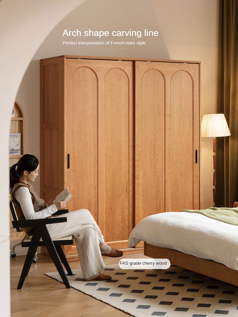 Cherry Solid Wood Retro Sliding Door Wardrobe
