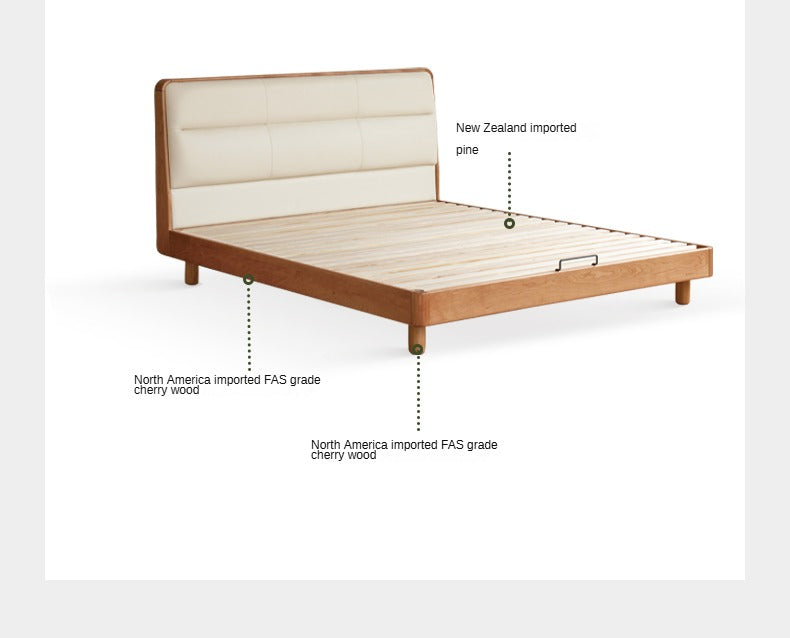 Cherry Solid Wood Bed with Retro Edge and Soft Headboard
