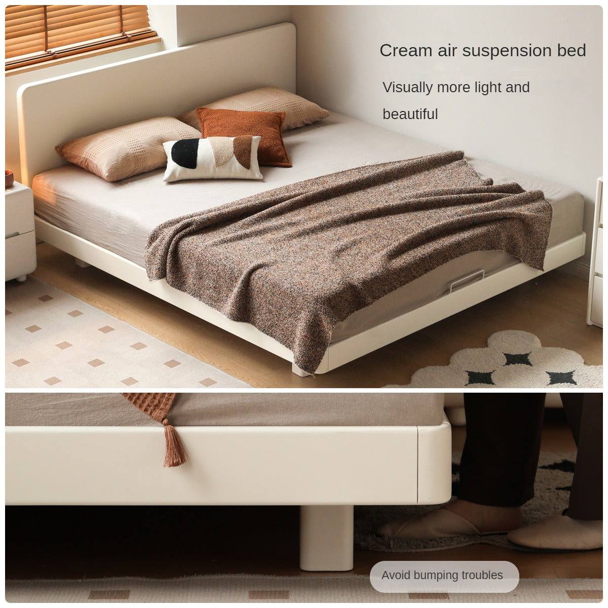 Poplar, Rubberwood Solid Wood Bed Modern Simple Cream Style