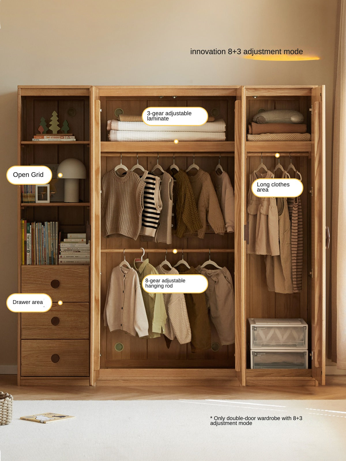 Oak Solid Wood Children's Wardrobe, Bookcase Combination