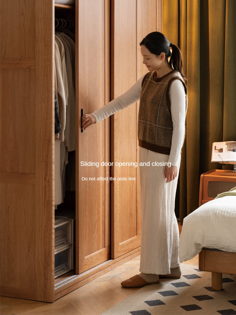 Cherry Solid Wood Retro Sliding Door Wardrobe