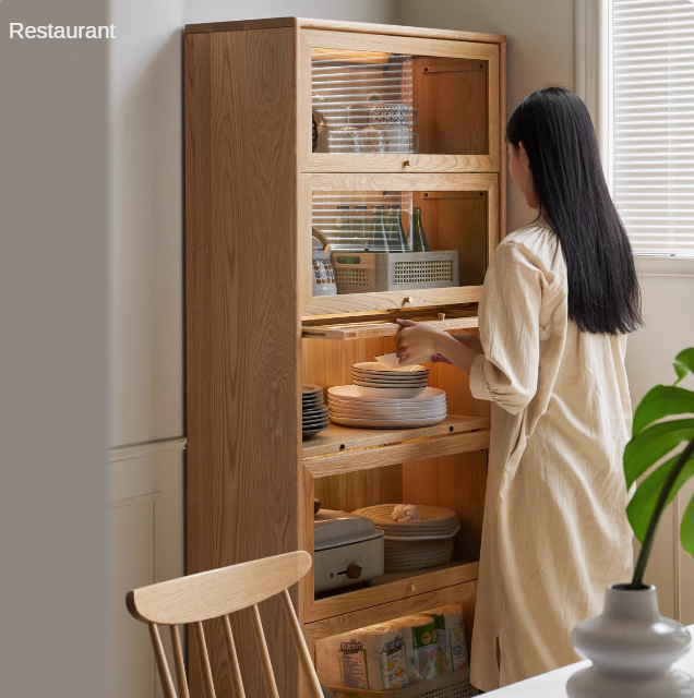 Solid Rubberwood, Oak Solid Wood Multi layer Flip Door Glass Bookcase