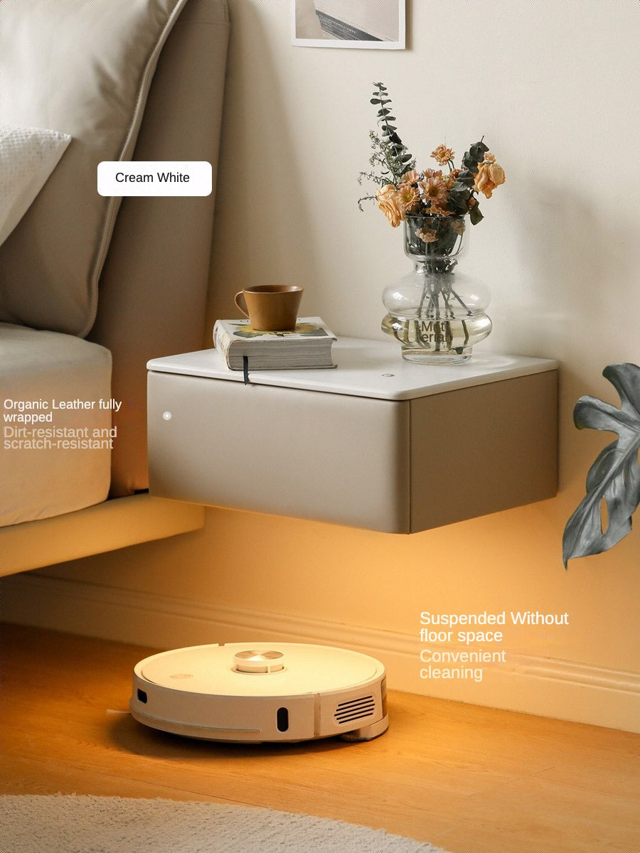 Organic Leather Wall Mounted Cream Rock Board Floating Nightstand: