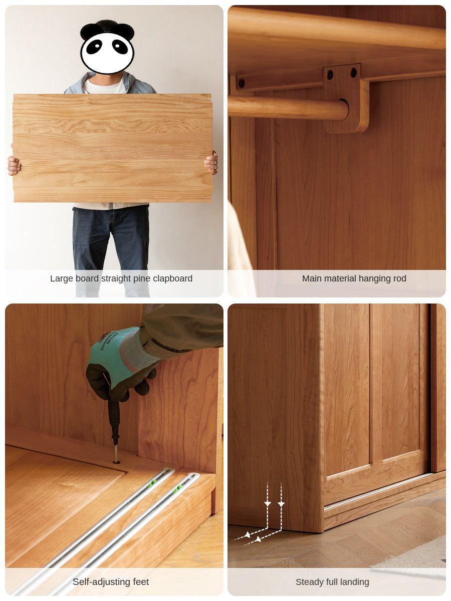 Cherry Solid Wood Retro Sliding Door Wardrobe