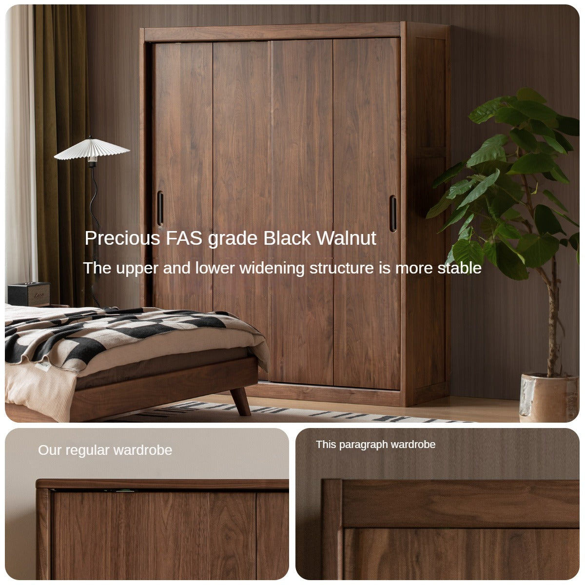 Black Walnut, Golden Sandalwood Solid Wood Wardrobe Sliding Door.