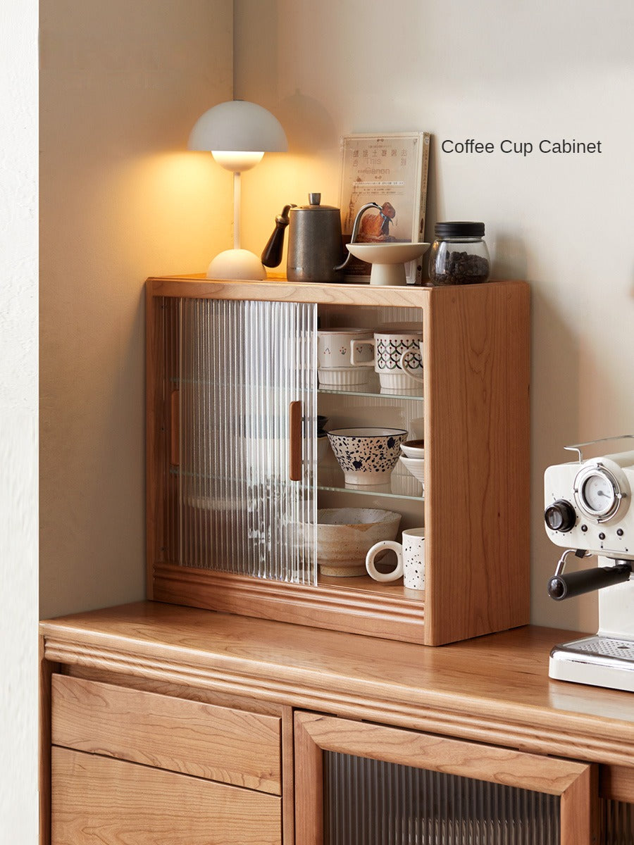 Cherry Solid Wood Glass Sliding Door Storage Cabinet.