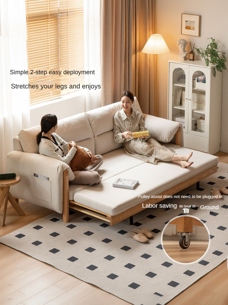 Oak Solid Wood Sitting and Sleeping Retractable Sofa Bed.