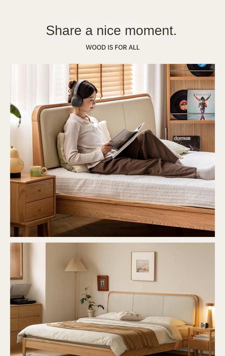 Oak Solid Wood Bed Modern Genuine Leather,Technology Cloth, Fabric