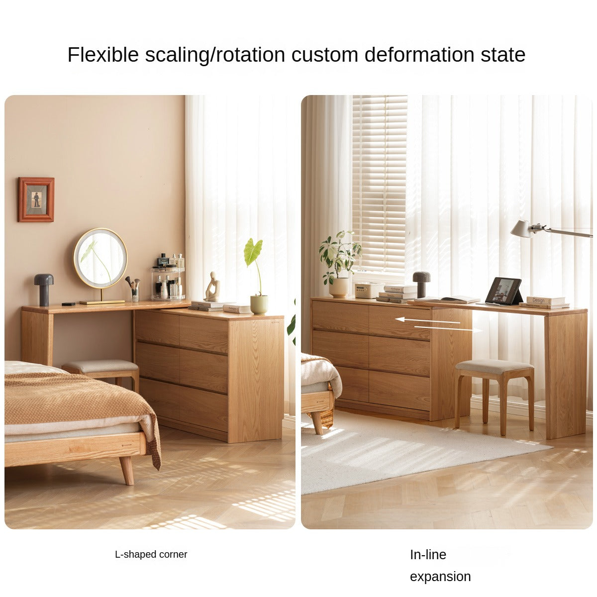 Oak, Solid Rubberwood Dressing Table L-Shaped Corner