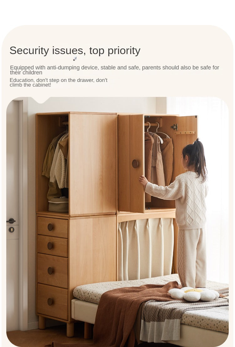 Beech, Rubber Solid Wood Children's Wardrobe,Combination Storage Cabinet