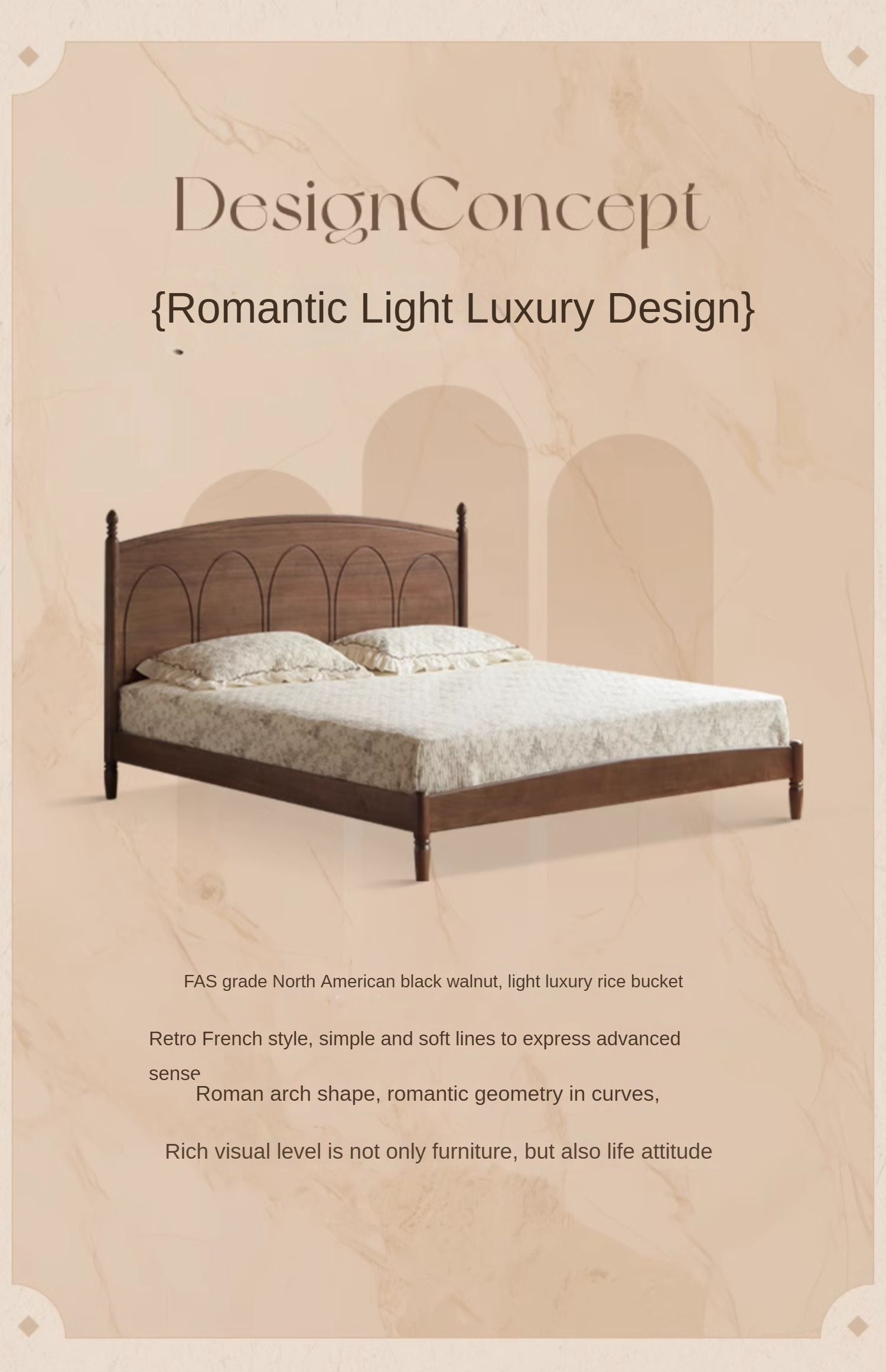 Black Walnut, Poplar Solid Wood Big Bed Retro French