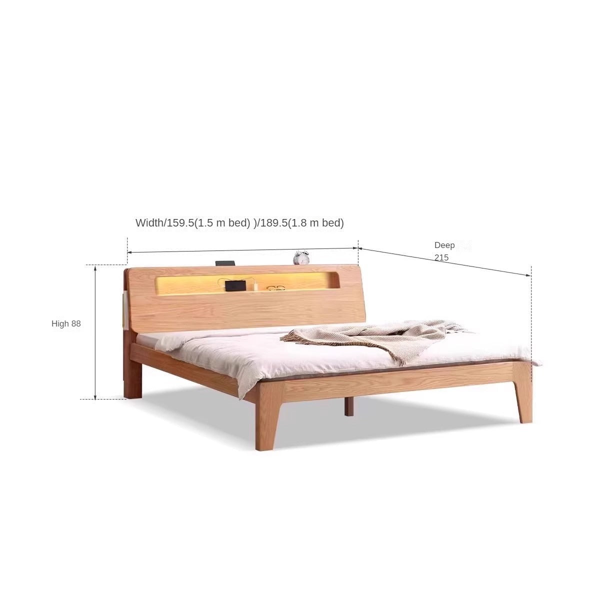 Oak, Beech Solid Wood With Light And Bookshelf Bed