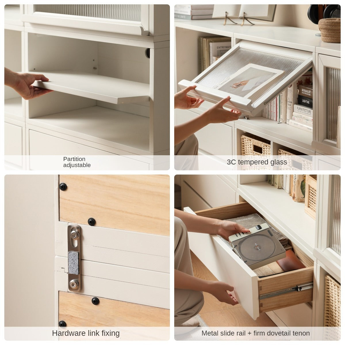 Poplar Solid Wood TV Cabinet Floor Cabinet Cream Style,