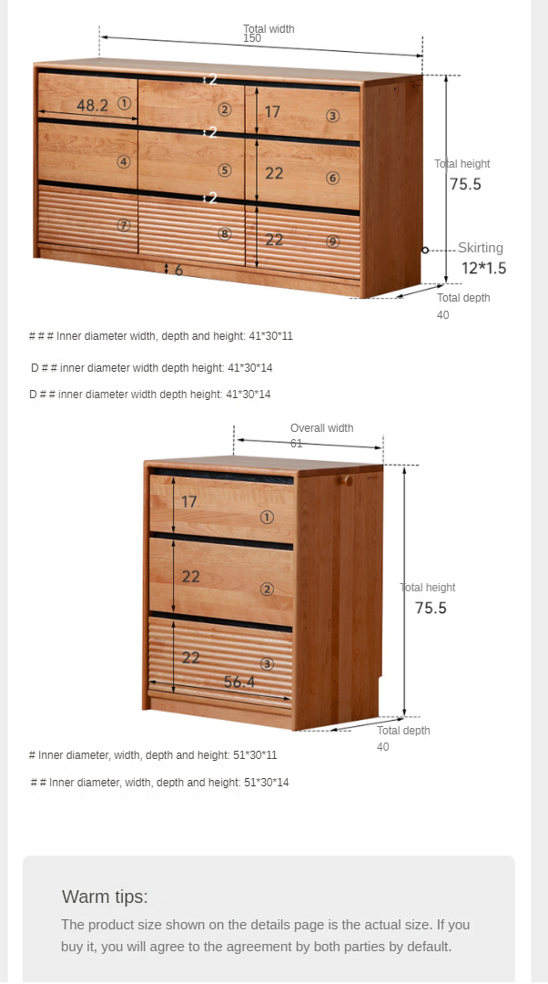 Cherry, Ash Solid Wood Medieval Style Drawer Cabinet.
