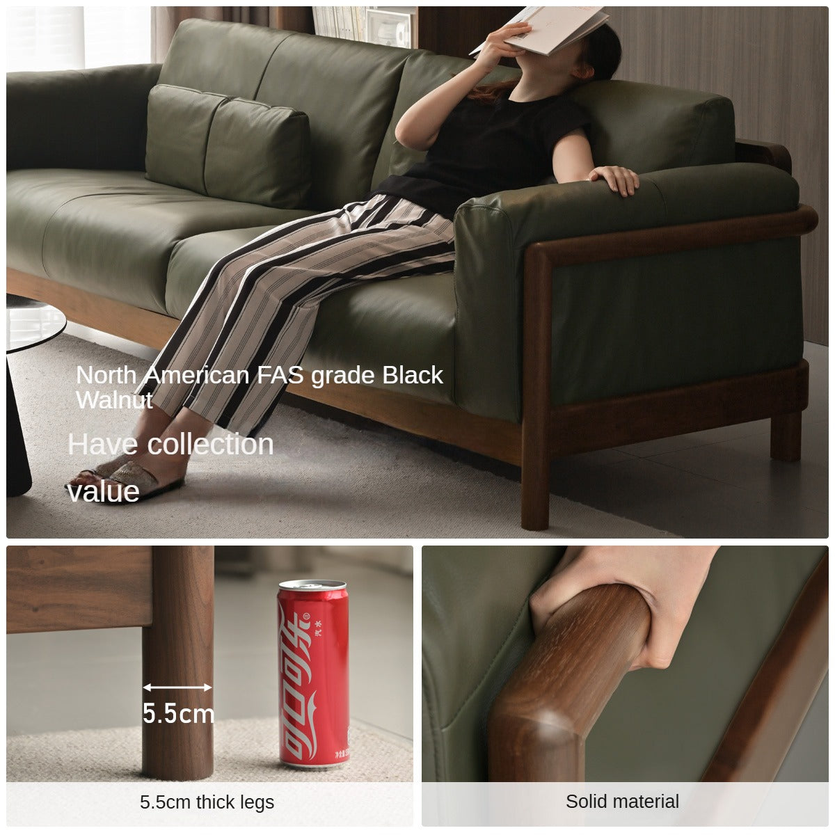 Black Walnut Solid Wood Leather Sofa Modern,