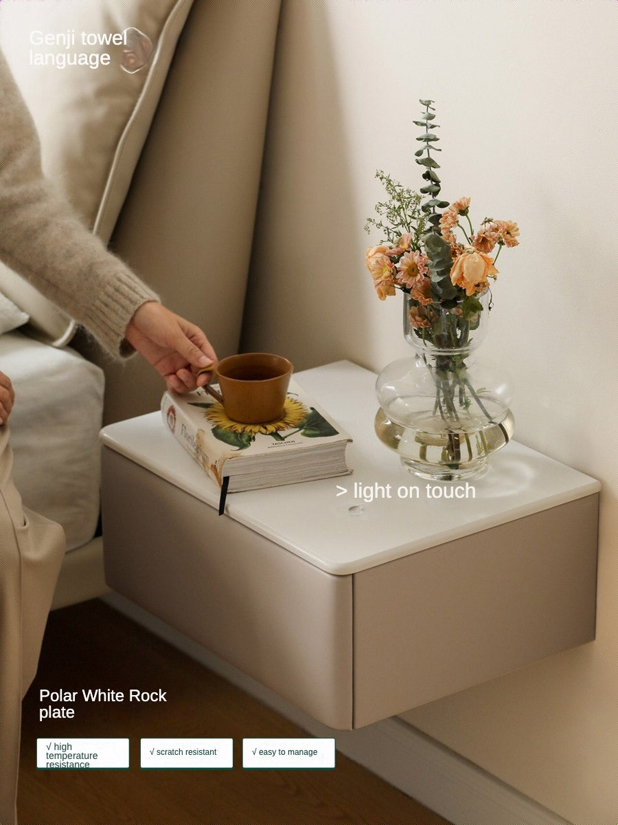 Organic Leather Wall Mounted Cream Rock Board Floating Nightstand: