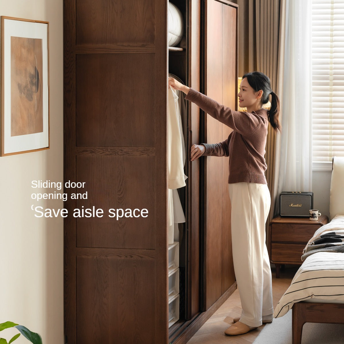 Oak Solid Wood Sliding Door Modern Wardrobe