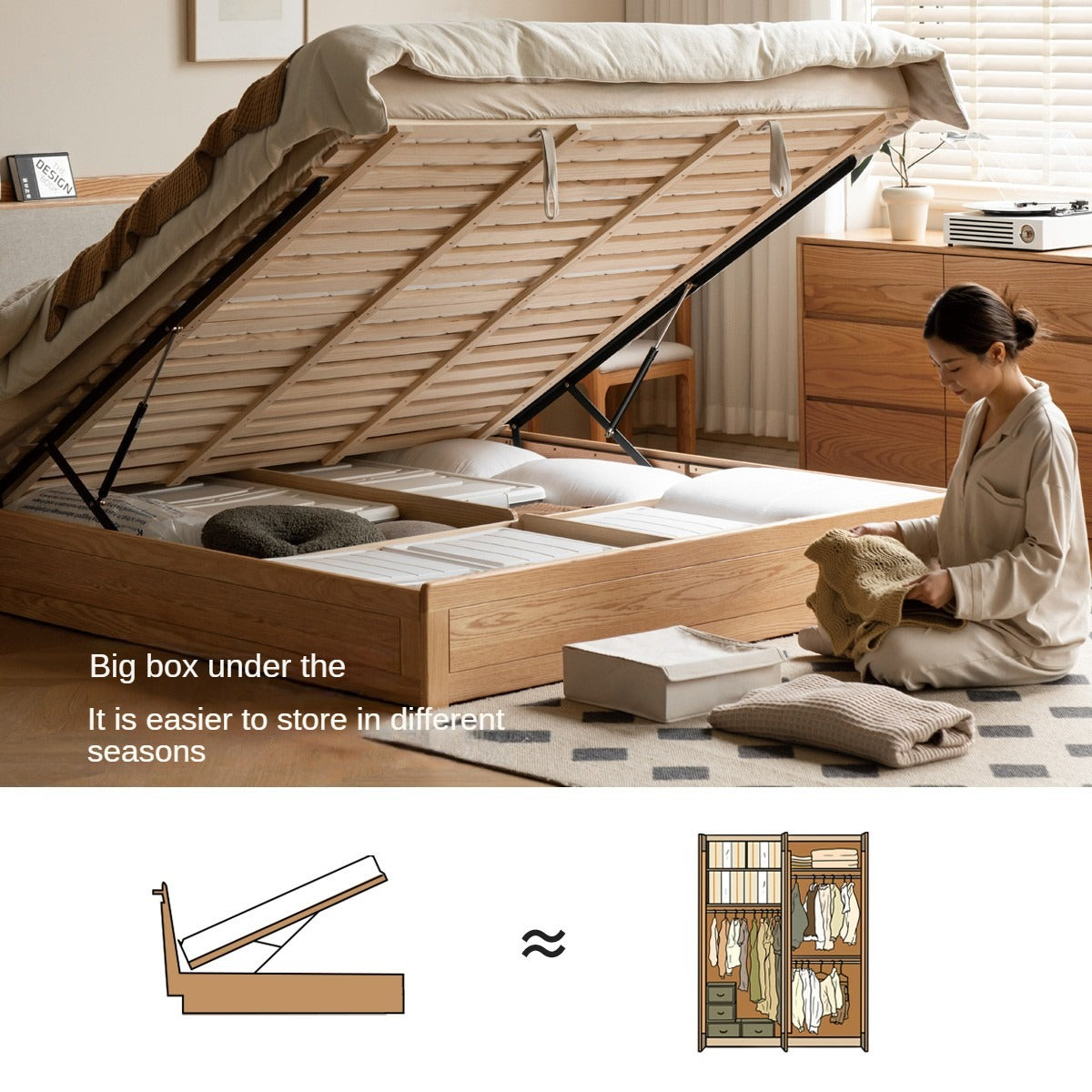 Oak Solid Wood Box Bed Storage Bed Technology Loth, Fabric