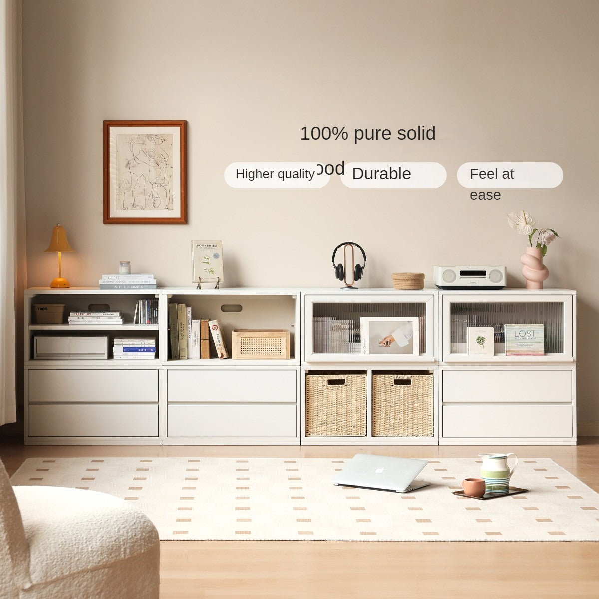Poplar Solid Wood TV Cabinet Floor Cabinet Cream Style,