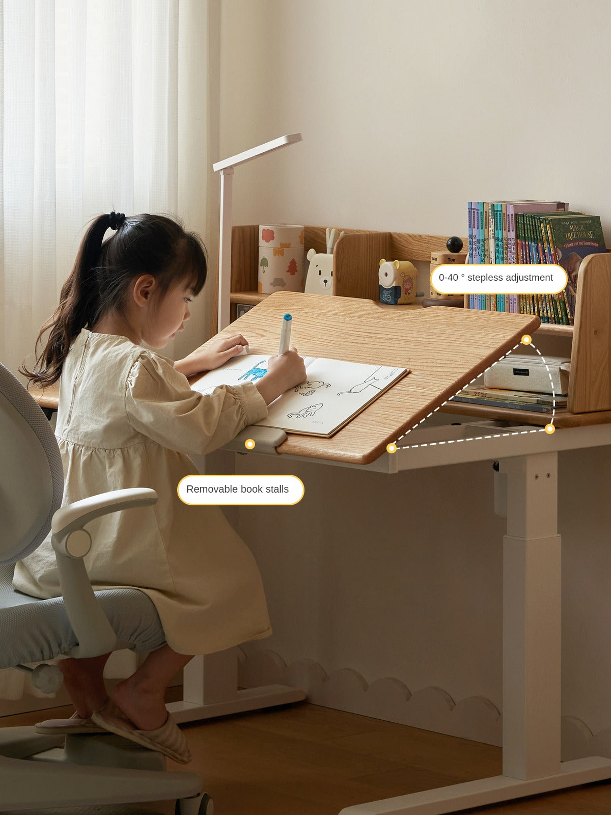 Oak Solid Wood Children's Electric Lifting Tilts Study Desk