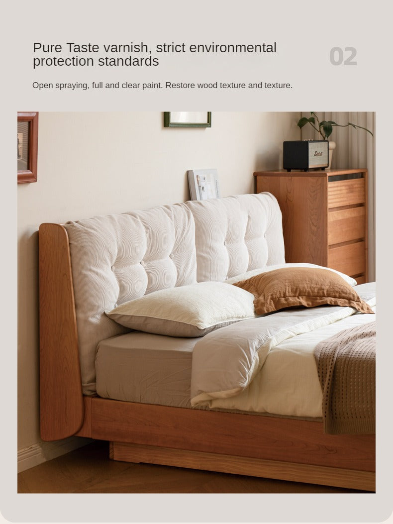 Cherry Solid Wood Box Bed Top Genuine Leather, Corduroy Suspended Bed