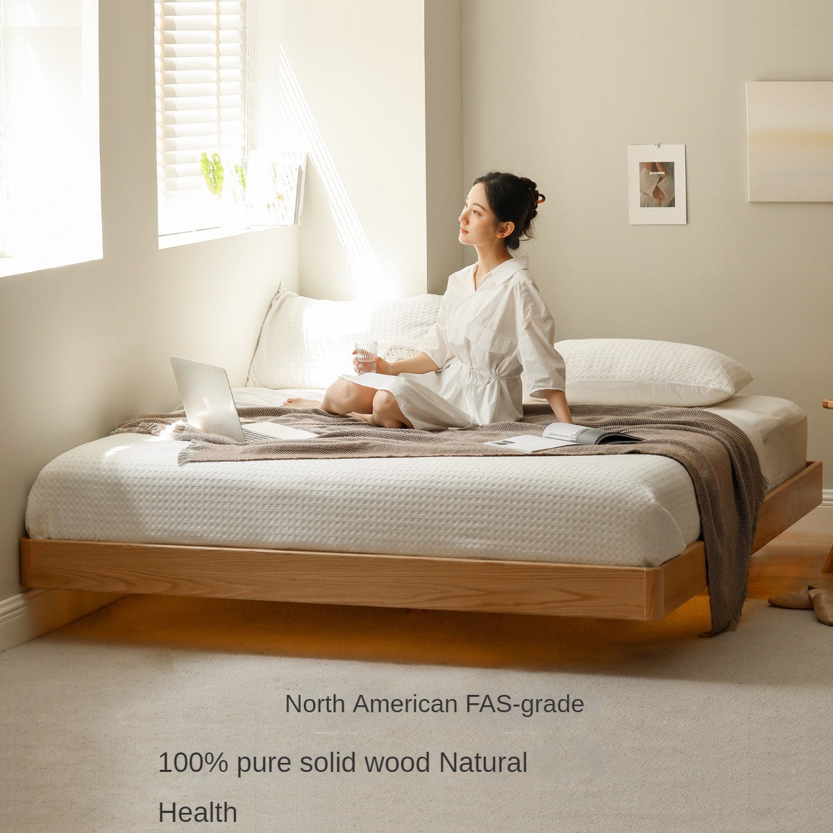 Oak solid wood Suspended platform bed, headboard-free bed with light