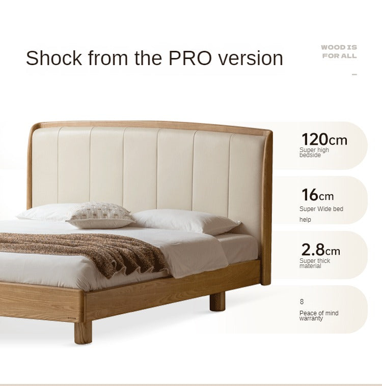 Ash Solid Wood Genuine Leather High Soft Back Bed