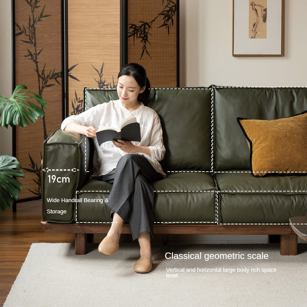 Black Walnut Solid Wood Leather Sofa.