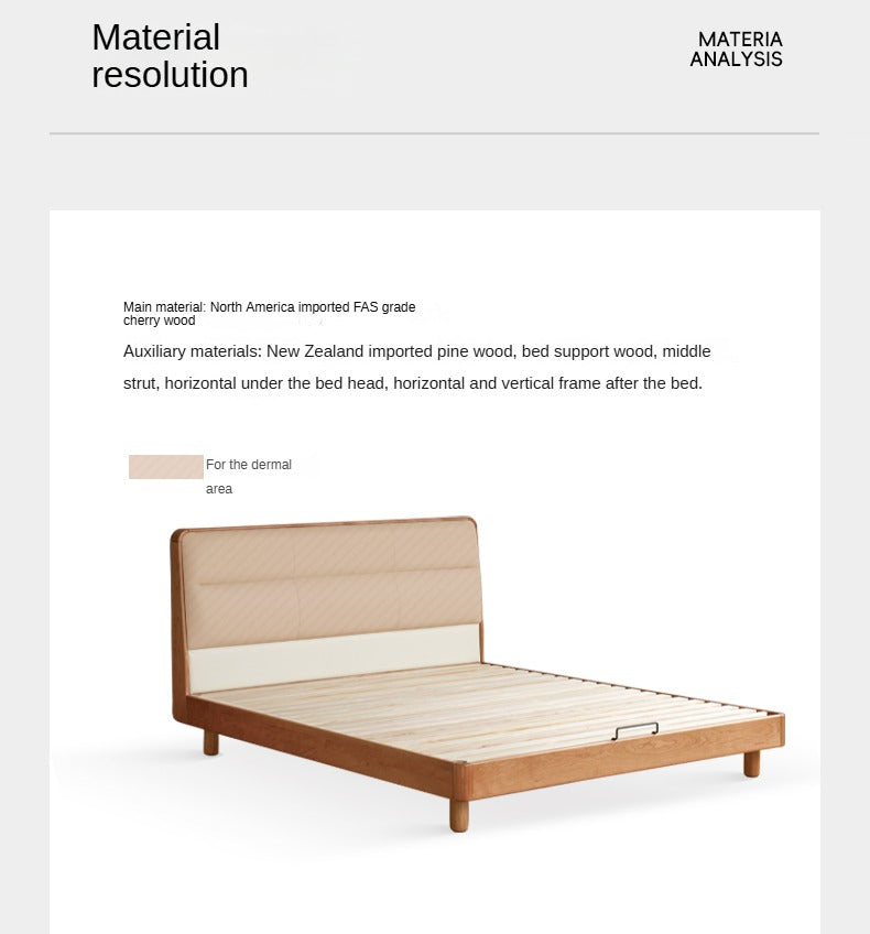 Cherry Solid Wood Bed with Retro Edge and Soft Headboard