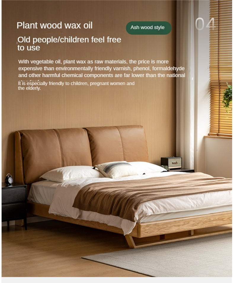 Oak, Ash Solid Wood Leather Soft Bed Italian Light Luxury.