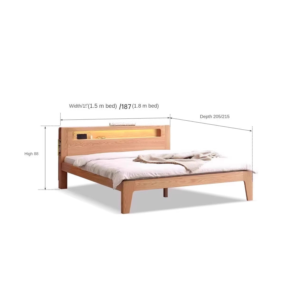 Oak, Beech Solid Wood With Light And Bookshelf Bed