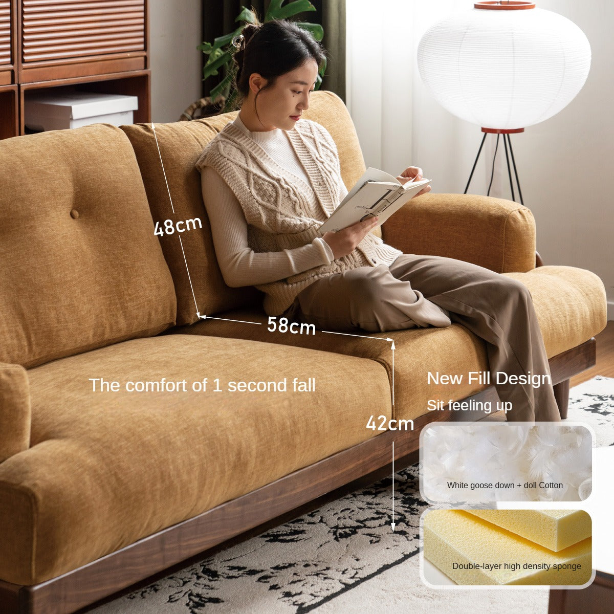 Black Walnut Solid Wood Leather, Fabric Sofa Modern.