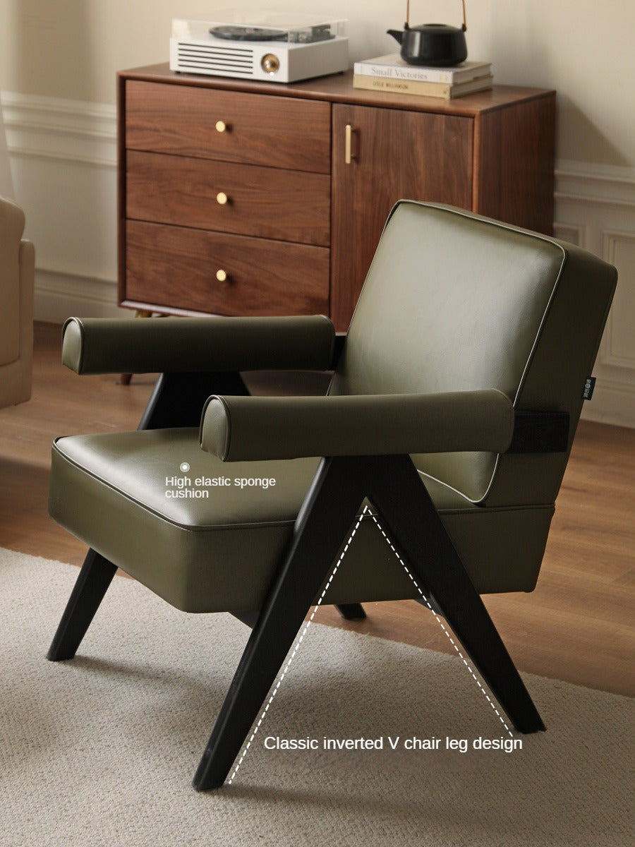 Oak Solid Wood Leather Retro Armchair