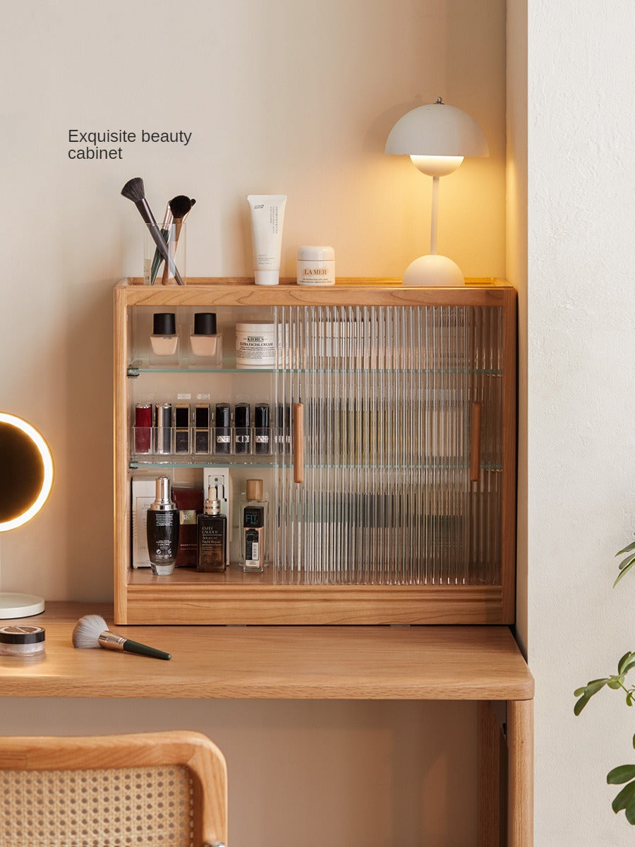 Cherry Solid Wood Glass Sliding Door Storage Cabinet.