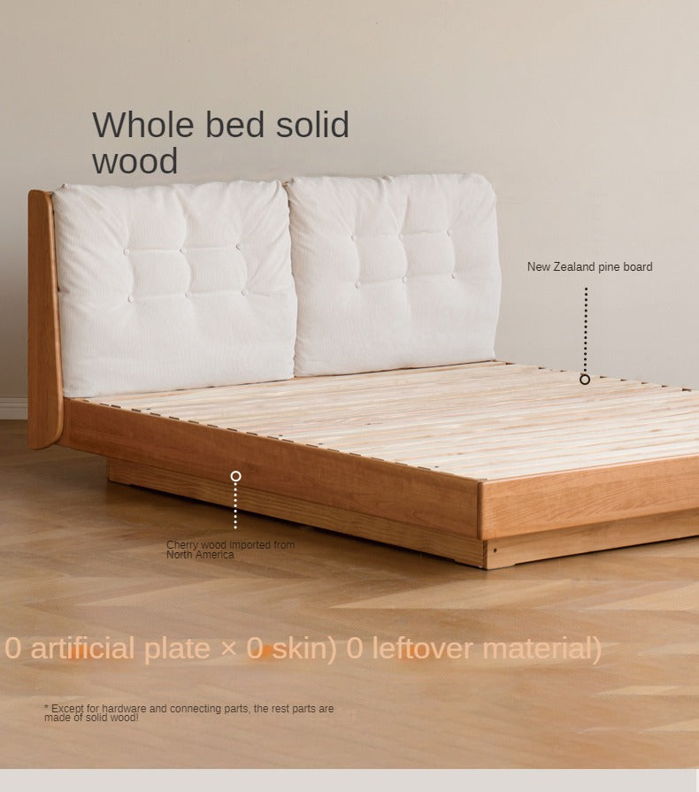 Cherry Solid Wood Box Bed Top Genuine Leather, Corduroy Suspended Bed
