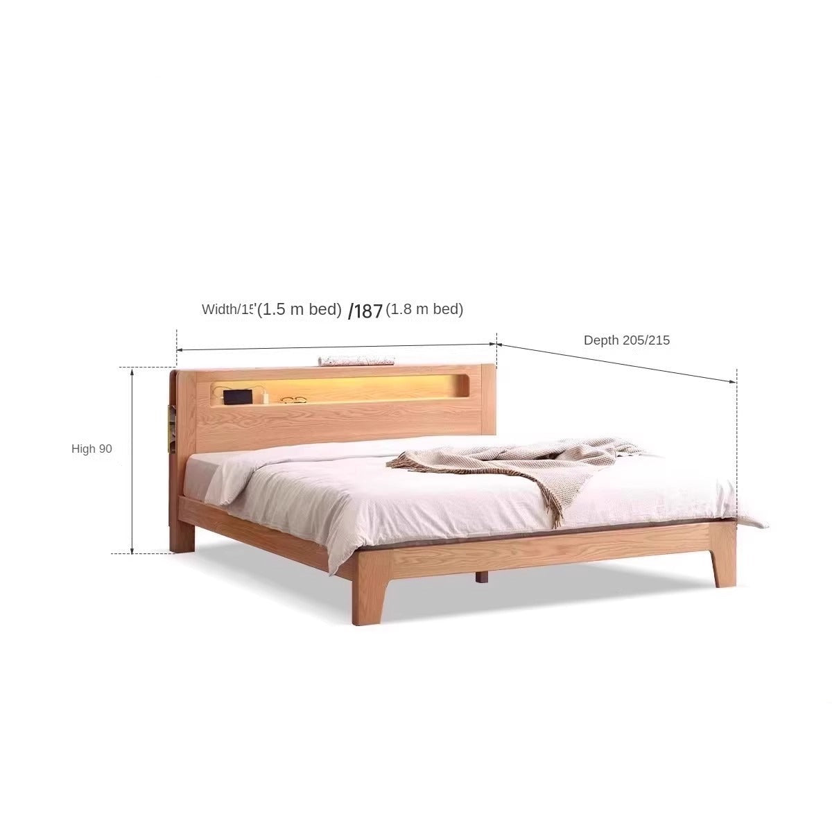 Oak, Beech Solid Wood With Light And Bookshelf Bed