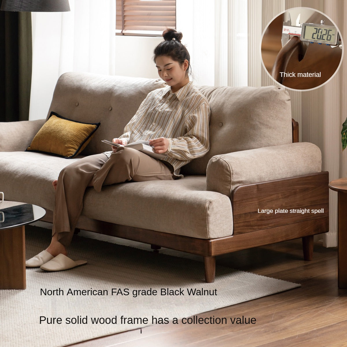 Black Walnut Solid Wood Leather, Fabric Sofa Modern.
