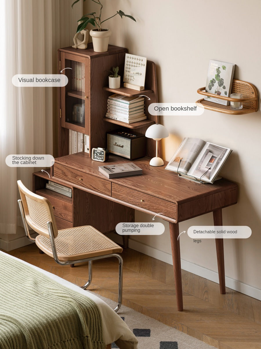 Oak Solid Wood Bookshelf and Office Desk Combination