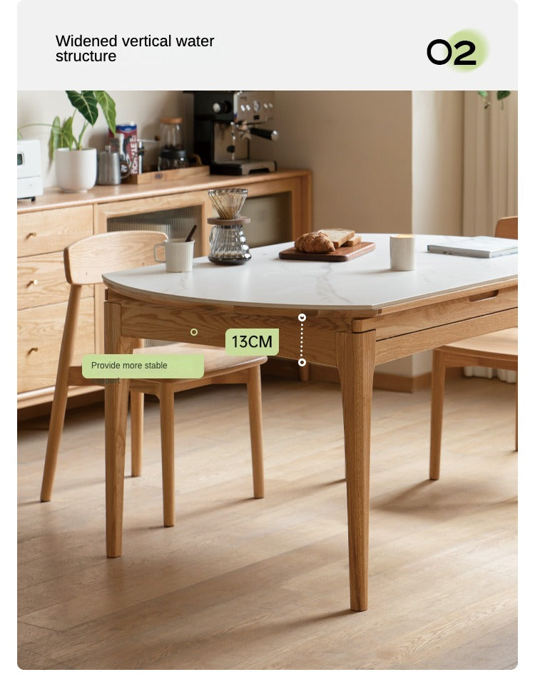 Oak Solid Wood Round Folding Dining Table With Rock Slab Surface